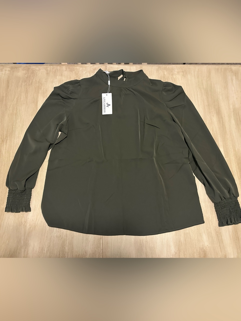 Women's Olive Green High Neck Blouse with Smocked Cuffs